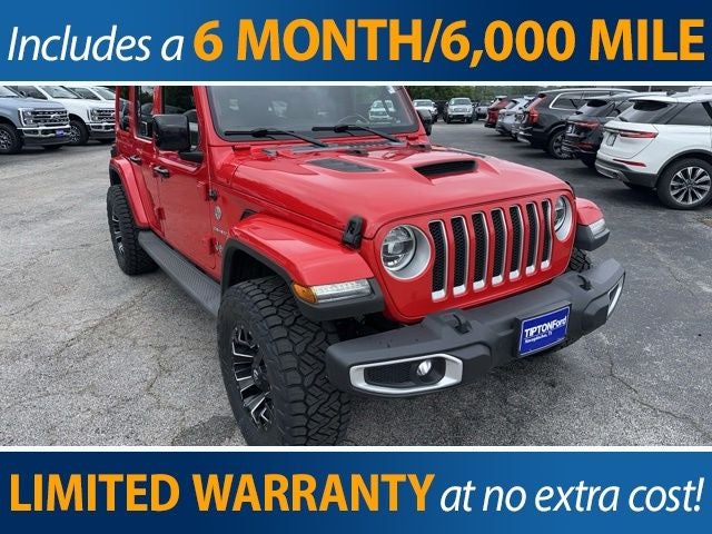 2020 Jeep Wrangler Unlimited Sahara in Firecracker Red Clearcoat — front three-quarter view